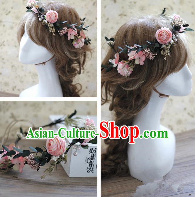 Top Grade Handmade Wedding Bride Hair Accessories Pink Rose Flowers Headwear, Traditional Princess Baroque Hair Stick Headpiece Hairpins Complete Set for Women