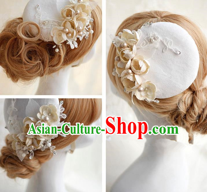 Top Grade Handmade Wedding Bride Hair Accessories Lace Hat, Traditional Princess Baroque Beige Flowers Top Hat Headpiece for Women