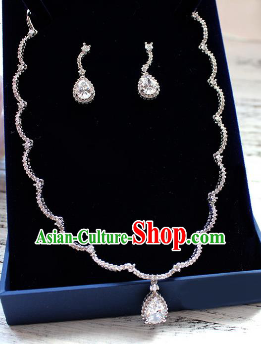 Top Grade Handmade China Wedding Bride Accessories Zircon Earrings and Necklace, Traditional Princess Wedding Crystal Clavicle Chain Necklace Earbob Jewelry for Women