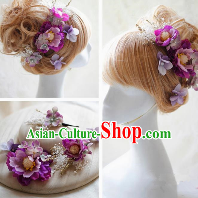Top Grade Handmade Wedding Bride Hair Accessories Purple Silk Flower Hair Stick Complete Set, Traditional Princess Baroque Hairpins Headpiece for Women