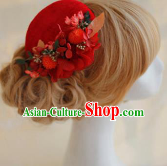 Top Grade Handmade Wedding Bride Hair Accessories Red Flowers Hats, Traditional Princess Baroque Top Hat Headpiece for Women