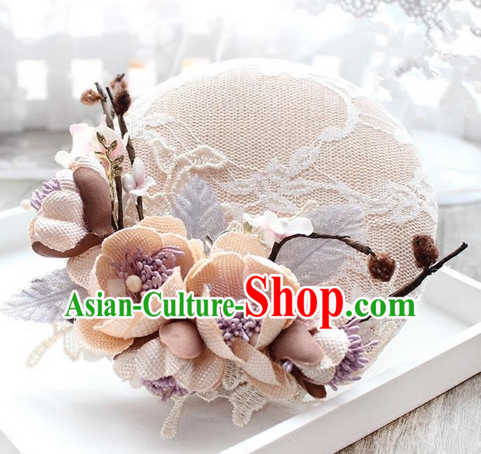 Top Grade Handmade Wedding Bride Hair Accessories Beige Flowers Lace Hats, Traditional Princess Baroque Top Hat Headpiece for Women