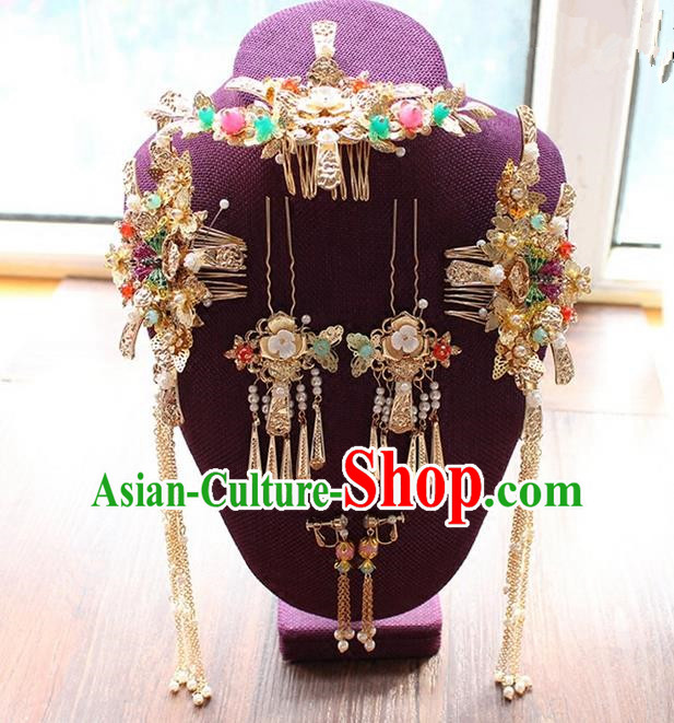 Top Grade Chinese Handmade Wedding Jade Beads Hair Accessories, Traditional China Xiuhe Suit Bride Phoenix Coronet Butterfly Tassel Hairpins Headwear for Women