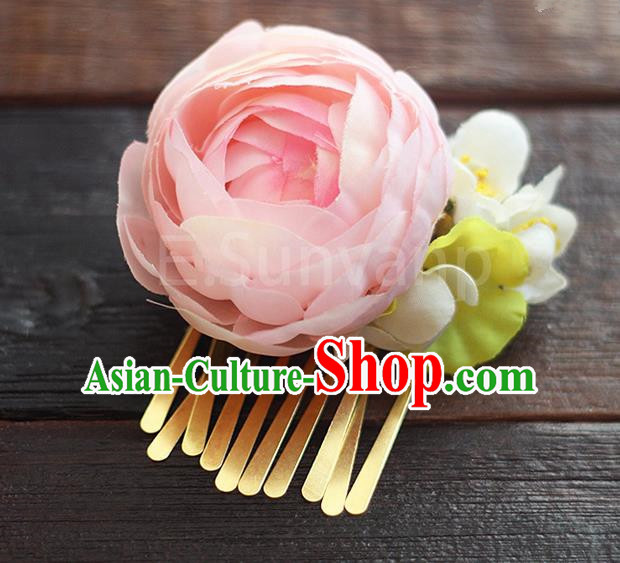 Top Grade Handmade Wedding Bride Hair Accessories Pink Rose Hair Claw, Traditional Princess Baroque Hair Stick Headpiece Hairpins for Women