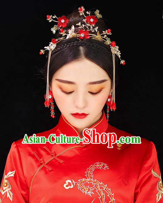 Top Grade Chinese Handmade Wedding Red Flowers Hair Accessories Complete Set, Traditional China Xiuhe Suit Bride Phoenix Coronet Butterfly Tassel Hairpins Headwear for Women
