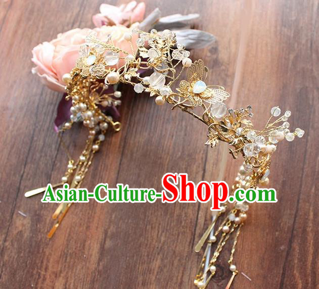 Top Grade Chinese Handmade Wedding Jade Blueing Hair Accessories, Traditional China Xiuhe Suit Bride Phoenix Coronet Butterfly Tassel Hairpins Headwear for Women