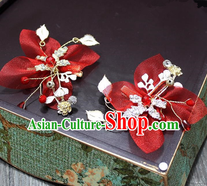 Top Grade Handmade Wedding Bride Hair Accessories Red Flower Hair Stick, Traditional Princess Baroque Hair Claw Headpiece for Women