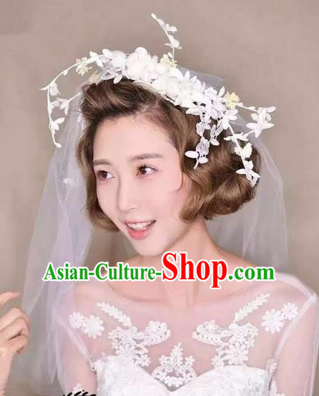 Top Grade Handmade Wedding Bride Hair Accessories Lace Veil Hair Clasp, Traditional Princess Baroque Headband Headpiece for Women