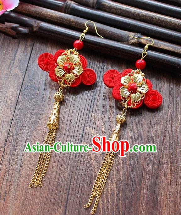 Top Grade Handmade China Wedding Bride Accessories Chinese Knot Earrings, Traditional Princess Wedding Xiuhe Suit Red Eardrop Jewelry for Women