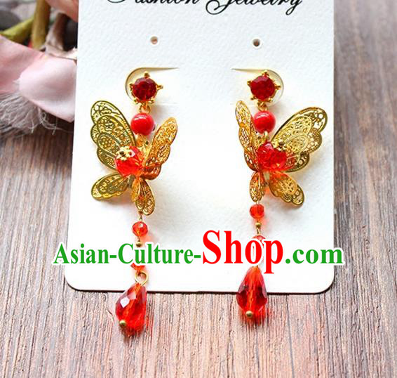 Top Grade Handmade China Wedding Bride Accessories Butterfly Earrings, Traditional Princess Wedding Xiuhe Suit Red Bead Eardrop Jewelry for Women