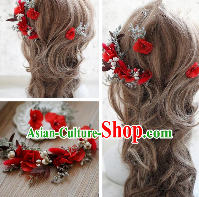 Top Grade Handmade Wedding Bride Hair Accessories Red Flowers Hair Clasp, Traditional Princess Baroque Garland Headband Headpiece for Women