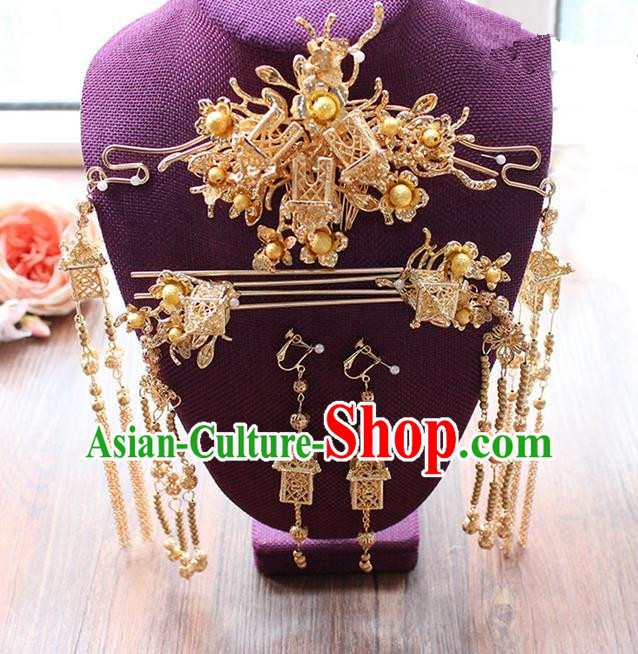 Top Grade Chinese Handmade Wedding Hair Accessories Tassel Step Shake Complete Set, Traditional China Xiuhe Suit Golden Phoenix Coronet Bride Hairpins Headdress for Women