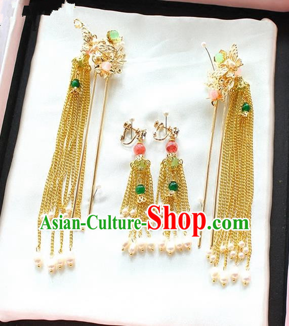 Top Grade Chinese Handmade Wedding Jade Hair Accessories Step Shake, Traditional China Xiuhe Suit Bride Tassel Hairpins Headdress for Women
