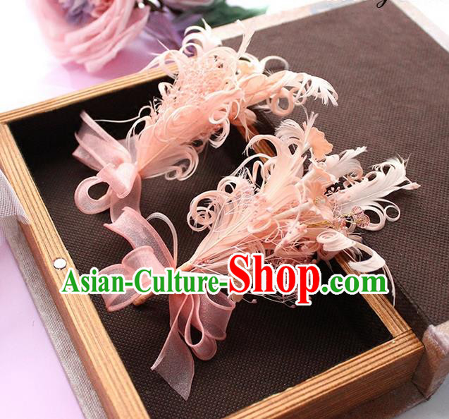 Top Grade Handmade Wedding Bride Hair Accessories Pink Feather Hair Claw, Traditional Princess Baroque Hair Sticks Headpiece for Women