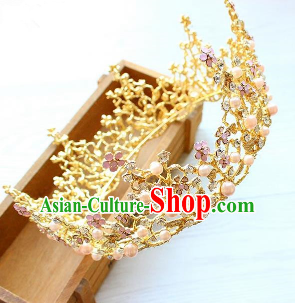 Top Grade Handmade Wedding Hair Accessories Bride Vintage Golden Round Crown, Traditional Baroque Queen Pink Opal Royal Crown Wedding Headwear for Women