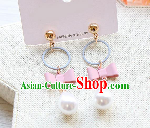 Top Grade Handmade China Wedding Bride Accessories Pearl Earrings, Traditional Princess Wedding Pink Bowknot Eardrop Jewelry for Women