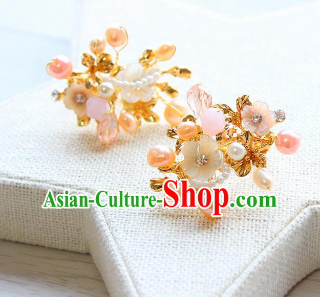 Top Grade Handmade China Wedding Bride Accessories Pink Shell Pearl Earrings, Traditional Princess Wedding Eardrop Jewelry for Women