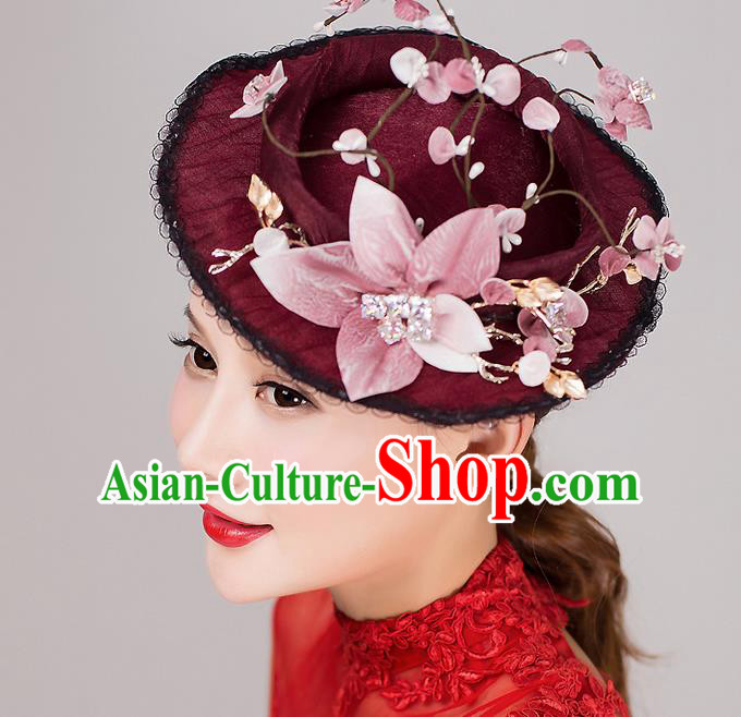 Top Grade Handmade Wedding Bride Hair Accessories Wine Red Top Hat, Traditional Baroque Princess Hat Headpiece for Women