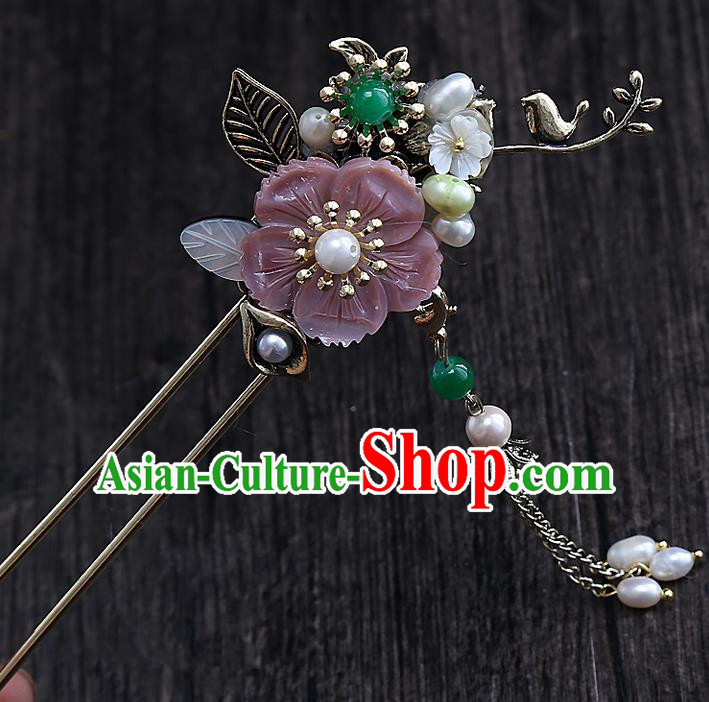 Top Grade Chinese Handmade Wedding Pink Flower Hair Accessories, Traditional China Xiuhe Suit Step Shake Bride Hanfu Tassel Hairpins Headdress for Women