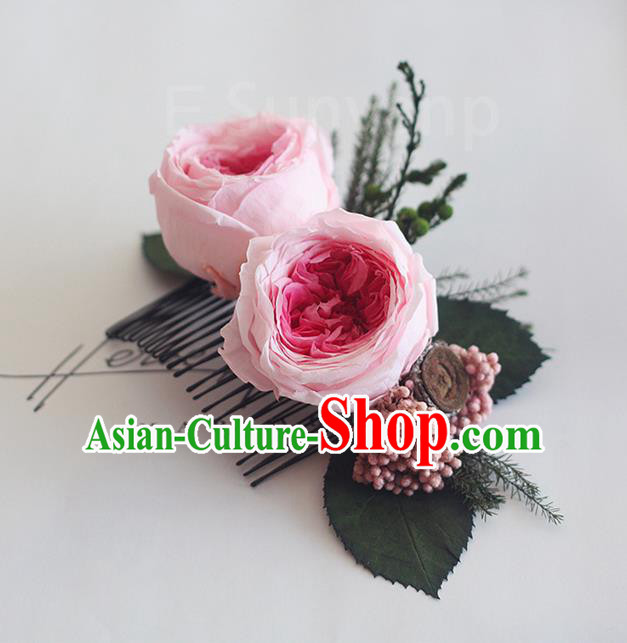 Top Grade Handmade Wedding Bride Hair Accessories Pink Flower Hair Comb, Traditional Princess Baroque Hair Stick Headpiece for Women