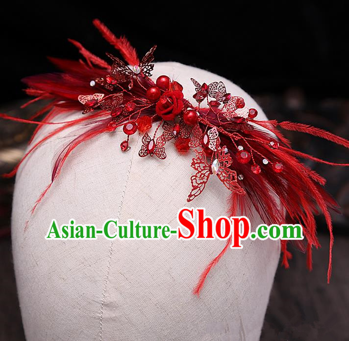 Top Grade Handmade Wedding Bride Hair Accessories Red Feather Headband Hair Claw, Traditional Baroque Princess Butterfly Hair Stick Headpiece for Women
