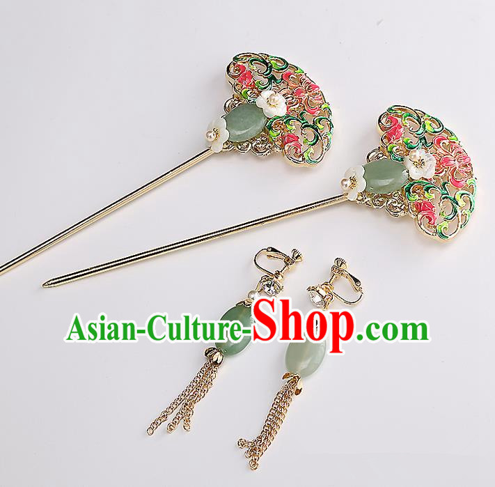 Top Grade Chinese Handmade Wedding Jade Hair Accessories and Earrings, Traditional China Xiuhe Suit Bride Hanfu Hairpins Headdress for Women