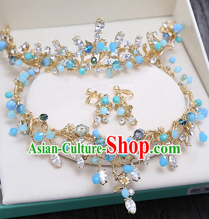Top Grade Handmade Wedding Hair Accessories Bride Princess Blue Beads Hair Clasp and Necklace Earrings, Traditional Baroque Queen Retro Crystal Royal Crown Wedding Headwear for Women