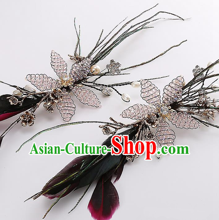 Top Grade Handmade Wedding Dragonfly Hair Accessories Bride Hair Claws, Traditional Baroque Princess Feather Hair Stick Headpiece for Women