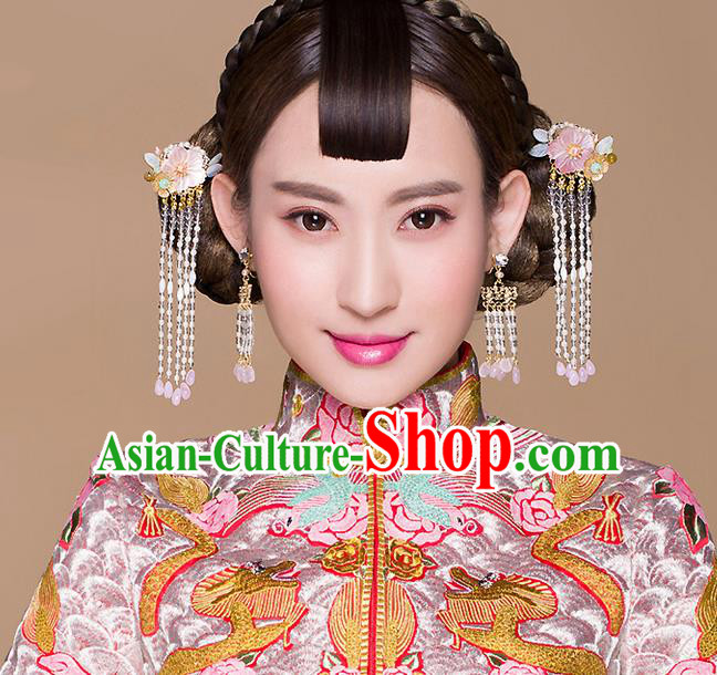 Top Grade Chinese Handmade Wedding Hair Accessories Complete Set, Traditional China Xiuhe Suit Bride Hairpins Hanfu Pink Tassel Step Shake Headdress for Women