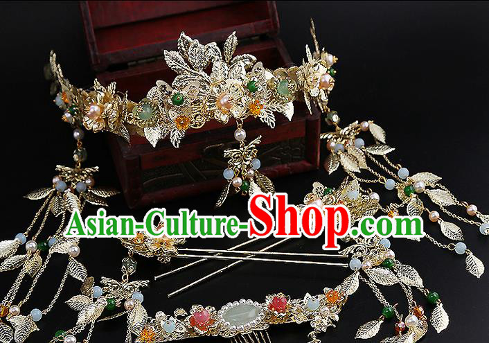 Top Grade Chinese Handmade Wedding Jade Hair Accessories, Traditional China Xiuhe Suit Bride Phoenix Coronet Tassel Headdress Hairpins Complete Set for Women