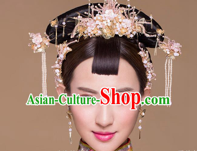Top Grade Chinese Handmade Wedding Hair Accessories Phoenix Coronet, Traditional China Xiuhe Suit Bride Hairpins Hanfu Tassel Headdress Complete Set for Women