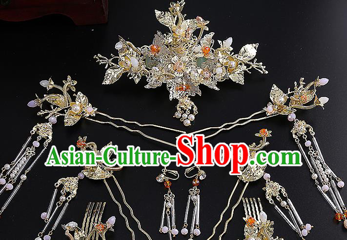 Top Grade Chinese Handmade Wedding Hair Accessories Hairpins Complete Set, Traditional China Xiuhe Suit Bride Phoenix Coronet Hanfu Tassel Headdress for Women