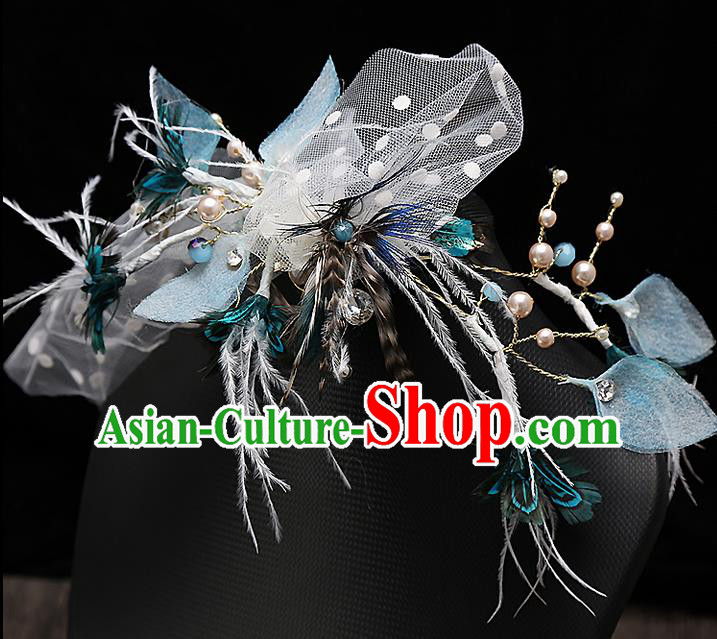 Top Grade Handmade Wedding Dragonfly Hair Accessories Bride Blue Hair Claw, Traditional Baroque Princess Hair Stick Headband Headdress for Women