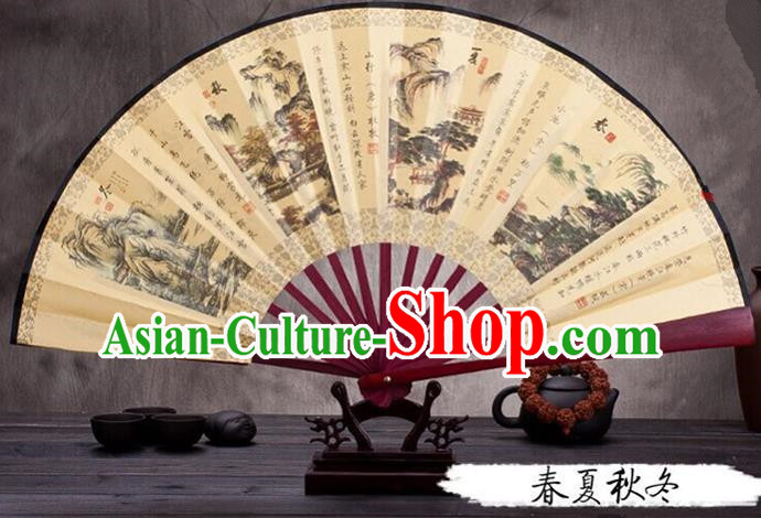 Traditional Chinese Ancient Peking Opera Accessories Scholar Ink Painting Four Seasons Fan, Traditional Chinese Beijing Opera Young Men Props Folding Fans