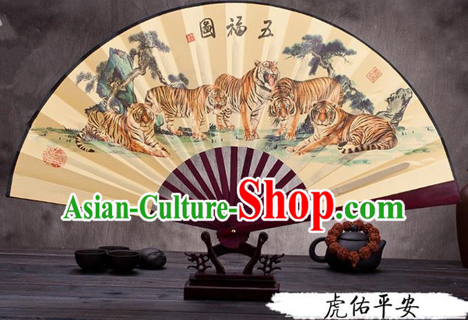 Traditional Chinese Ancient Peking Opera Accessories Scholar Ink Painting Tigers Fan, Traditional Chinese Beijing Opera Young Men Props Folding Fans