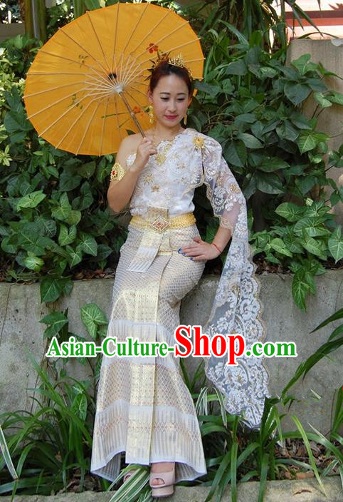 Traditional Traditional Thailand Female Clothing, Southeast Asia Thai Ancient Costumes Dai Nationality Wedding Bride White Sari Dress for Women
