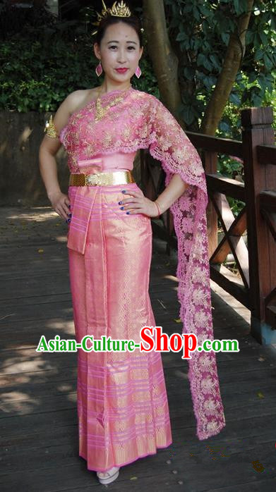 Traditional Traditional Thailand Female Bride Clothing, Southeast Asia Thai Ancient Costumes Dai Nationality Wedding Pink Sari Dress for Women