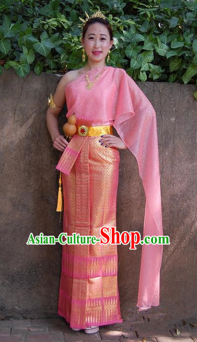 Traditional Traditional Thailand Princess Clothing, Southeast Asia Thai Ancient Costumes Dai Nationality Wedding Pink Sari Dress for Women