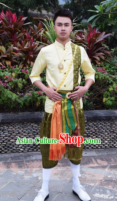 Traditional Traditional Thailand Male Clothing, Southeast Asia Thai Ancient Costumes Dai Nationality Shirt and Pants for Men