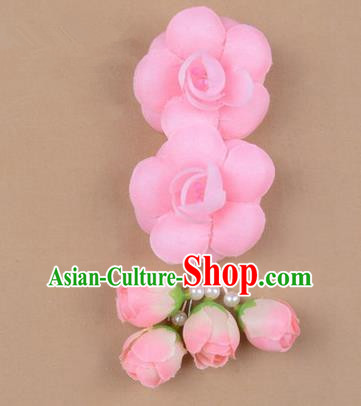 Chinese Ancient Peking Opera Hair Accessories Diva Temple Pink Flowers Hairpins, Traditional Chinese Beijing Opera Princess Hua Tan Hair Clasp Head-ornaments