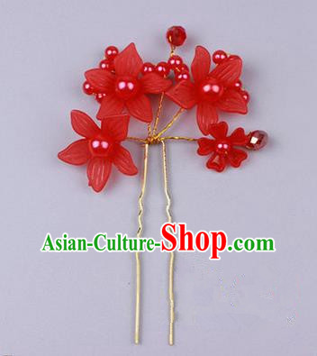 Top Grade Chinese Ancient Peking Opera Hair Accessories Diva Red Flowers Hairpins Step Shake, Traditional Chinese Beijing Opera Hua Tan Hair Clasp Head-ornaments