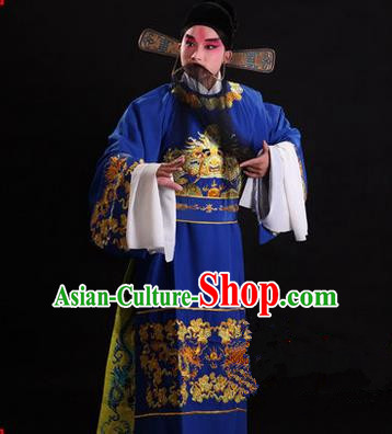 Traditional Chinese Beijing Opera Male Blue Clothing, China Peking Opera Emperor Costume Embroidered Gwanbok Robe Opera Costumes