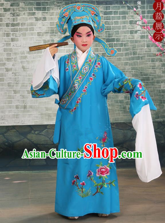 Traditional Chinese Beijing Opera Niche Blue Children Clothing and Boots Complete Set, China Peking Opera Young Men Costume Embroidered Robe for Kids
