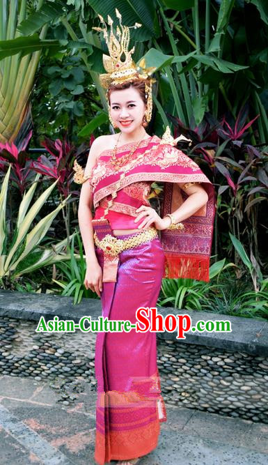 Traditional Traditional Thailand Princess Clothing, Southeast Asia Thai Ancient Costumes Dai Nationality Wedding Rosy Sari Dress for Women