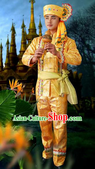 Traditional Traditional Thailand Male Clothing, Southeast Asia Thai Ancient Costumes Dai Nationality Golden Long Sleeve Shirt and Pants Complete Set for Men