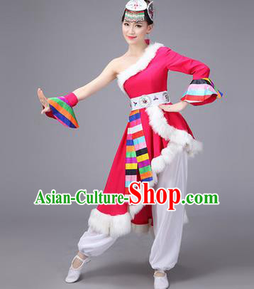 Traditional Chinese Zang Nationality Dance Costume, Folk Dance Ethnic Clothing Suit, Chinese Tibetan Minority Nationality Rosy Dress for Women