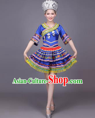 Traditional Chinese Miao Nationality Dance Costume, Hmong Female Folk Dance Ethnic Pleated Skirt, Chinese Minority Nationality Embroidery Blue Dress for Women