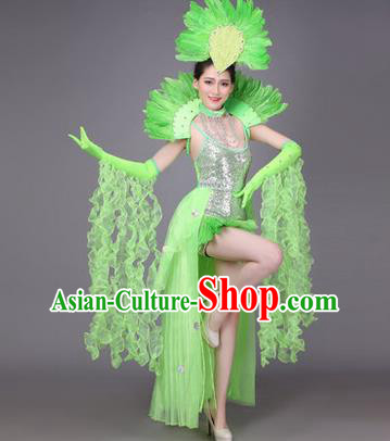 Traditional Chinese Modern Dance Performance Costume, China Opening Dance Samba Dance Clothing, Classical Dance Green Dress for Women
