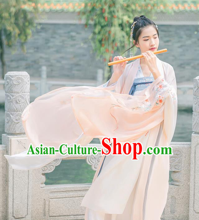 Traditional Chinese Tang Dynasty Young Lady Costume, Elegant Hanfu Clothing Embroidered Wide Sleeve Pink Cardigan, Chinese Ancient Princess Clothing for Women
