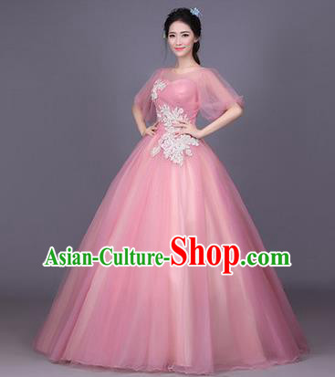 Traditional Chinese Modern Dance Performance Costume, China Opening Dance Full Dress, Classical Dance Pink Bubble Dress for Women
